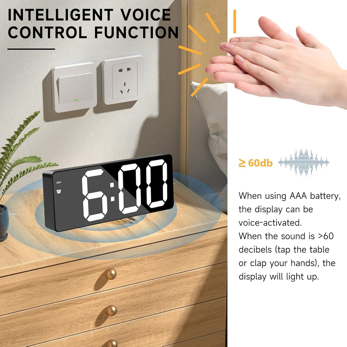 Bedside Digital Alarm Clock, Large LED Electronic Alarm Clocks with Snooze, Date, Temperature Display, Brightness Adjustable, 12/24H, Non Ticking Digital Clock, Usb/Battery Powered Bedroom Desk Clocks