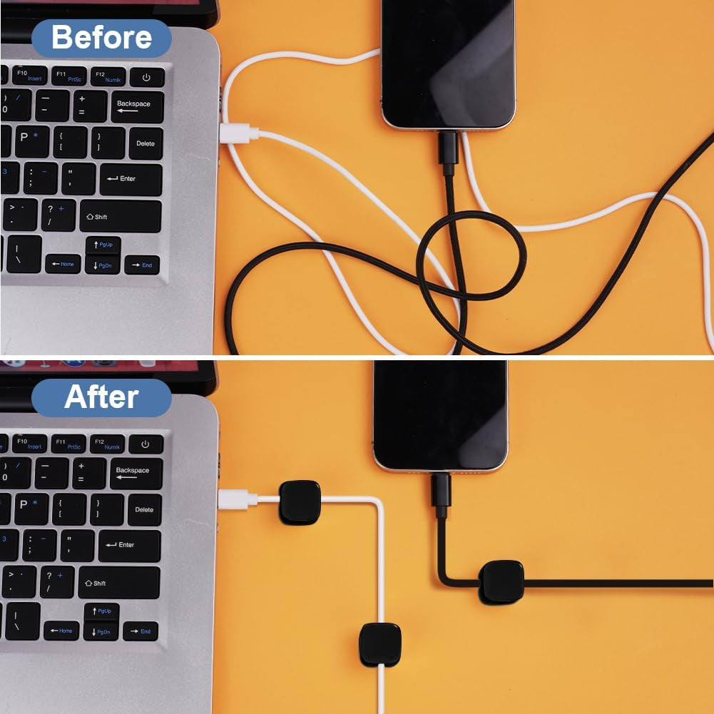Desk Cable Tidy, 12 Pcs Black Magnetic Cable Tidy, Srong Adhesive Clips Desktop Cord Holder, Hide Phone Charging Cables Keeper, Magnetic Cables Organiser for Home Office Desk Use