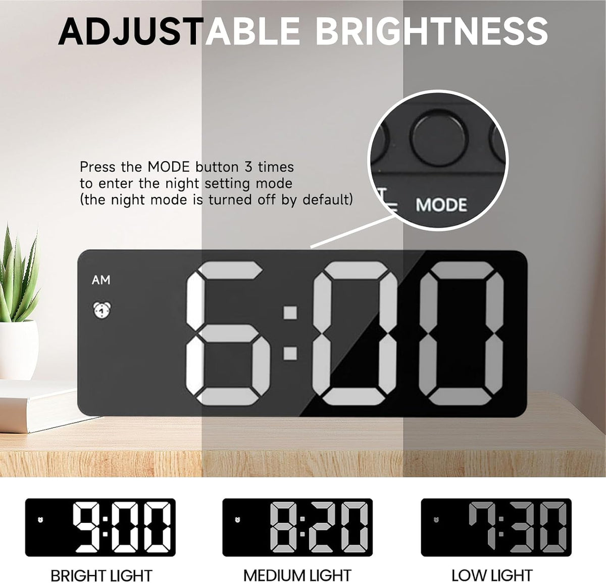Bedside Digital Alarm Clock, Large LED Electronic Alarm Clocks with Snooze, Date, Temperature Display, Brightness Adjustable, 12/24H, Non Ticking Digital Clock, Usb/Battery Powered Bedroom Desk Clocks