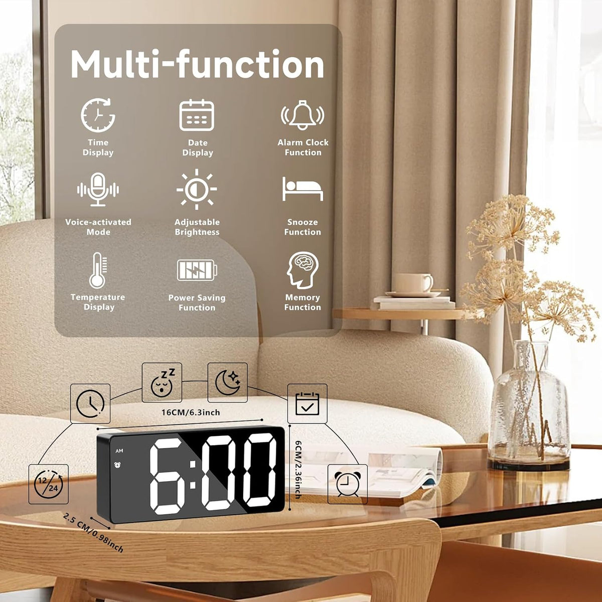 Bedside Digital Alarm Clock, Large LED Electronic Alarm Clocks with Snooze, Date, Temperature Display, Brightness Adjustable, 12/24H, Non Ticking Digital Clock, Usb/Battery Powered Bedroom Desk Clocks