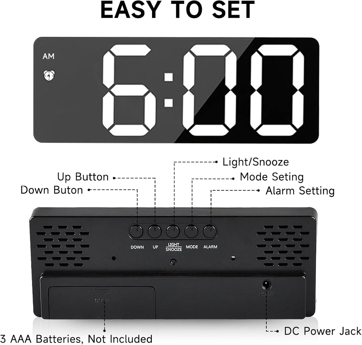 Bedside Digital Alarm Clock, Large LED Electronic Alarm Clocks with Snooze, Date, Temperature Display, Brightness Adjustable, 12/24H, Non Ticking Digital Clock, Usb/Battery Powered Bedroom Desk Clocks