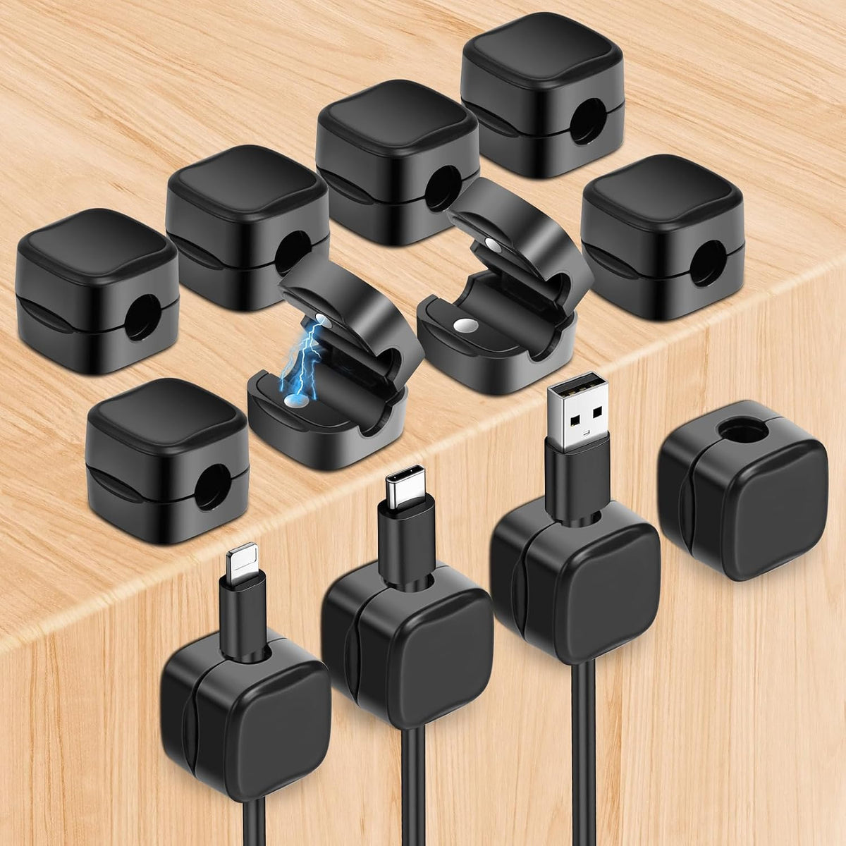 Desk Cable Tidy, 12 Pcs Black Magnetic Cable Tidy, Srong Adhesive Clips Desktop Cord Holder, Hide Phone Charging Cables Keeper, Magnetic Cables Organiser for Home Office Desk Use