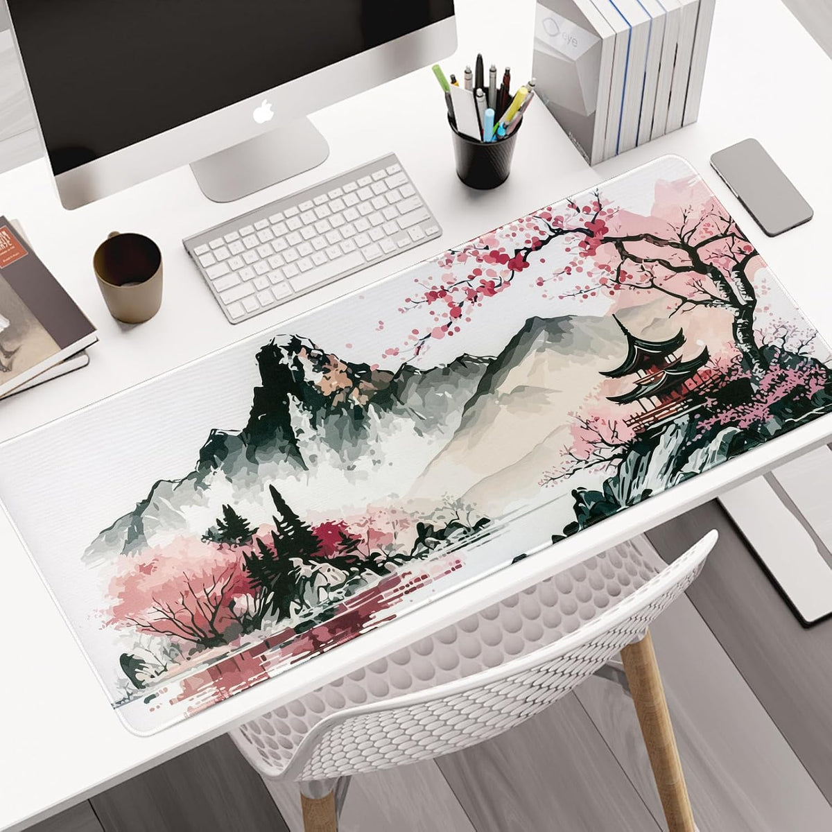Large Mouse Mat Gaming Mouse Pad 31.5 X 11.8 in Desk Mat Desk Matnon-Slip Rubber Base, Waterproof Surface, Durable Stitched Edges, Laptop Desktop Mousepad (Sakura)